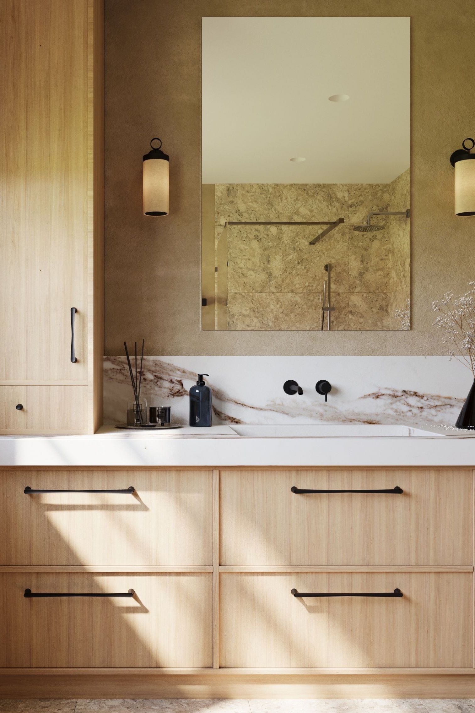A wooden bathroom with cabinet storage