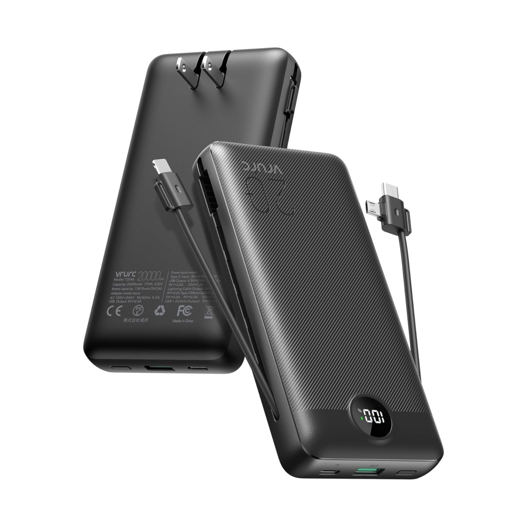Two black curved rectangular power banks with built-in cables and LED screens