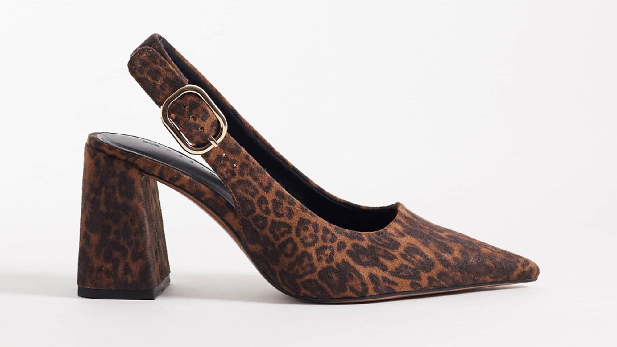 Asos Design Wide Fit Surrey High Block Heel Slingback Pumps in Leopard Suedette