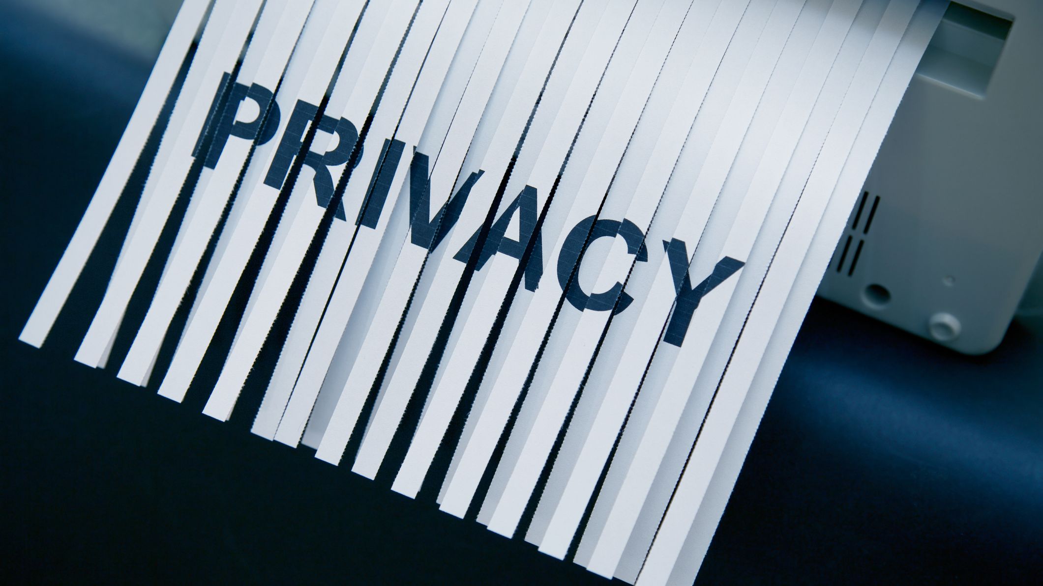 A piece of paper with the word "privacy" printed on it going through a paper shredder.