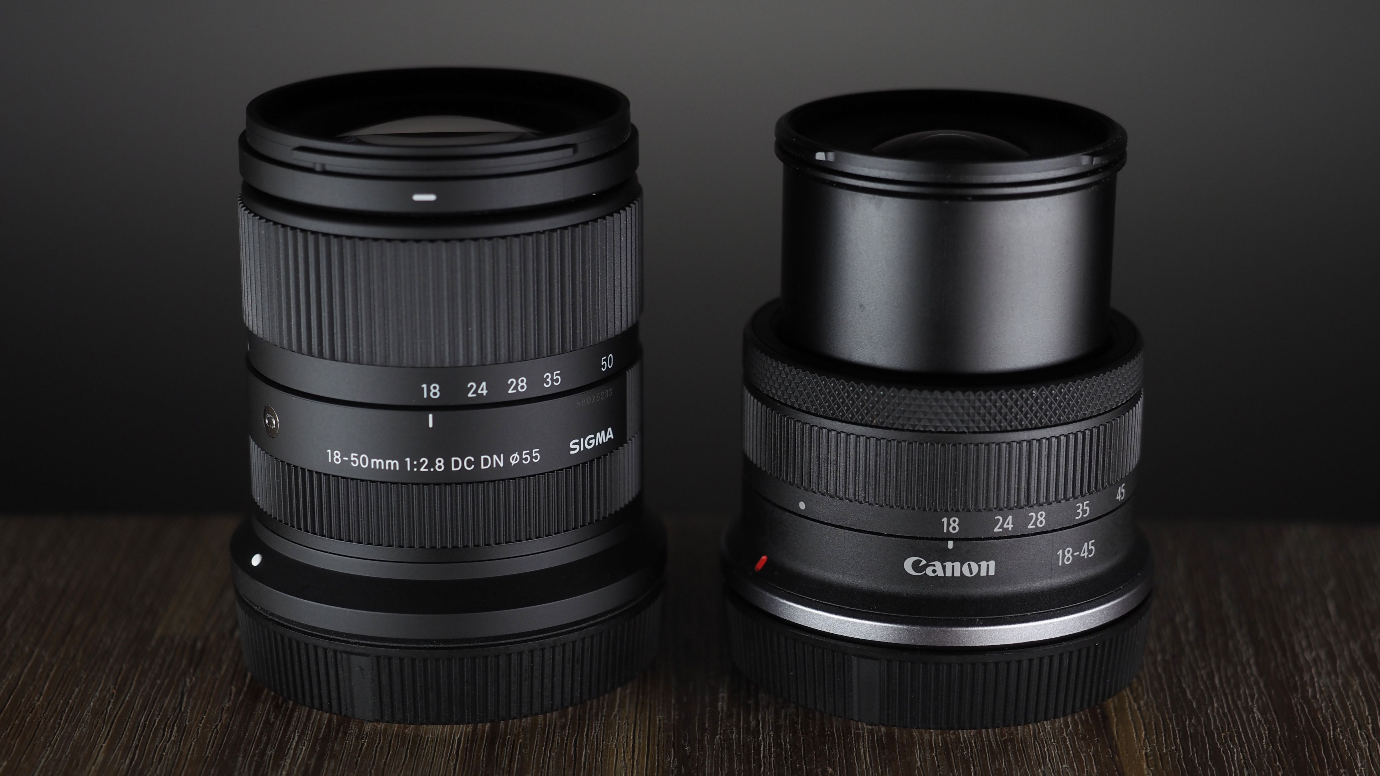 The Sigma 18-50mm f/2.8 DC DN | C Canon RF lens on a wooden surface against a dark background with moody lighting