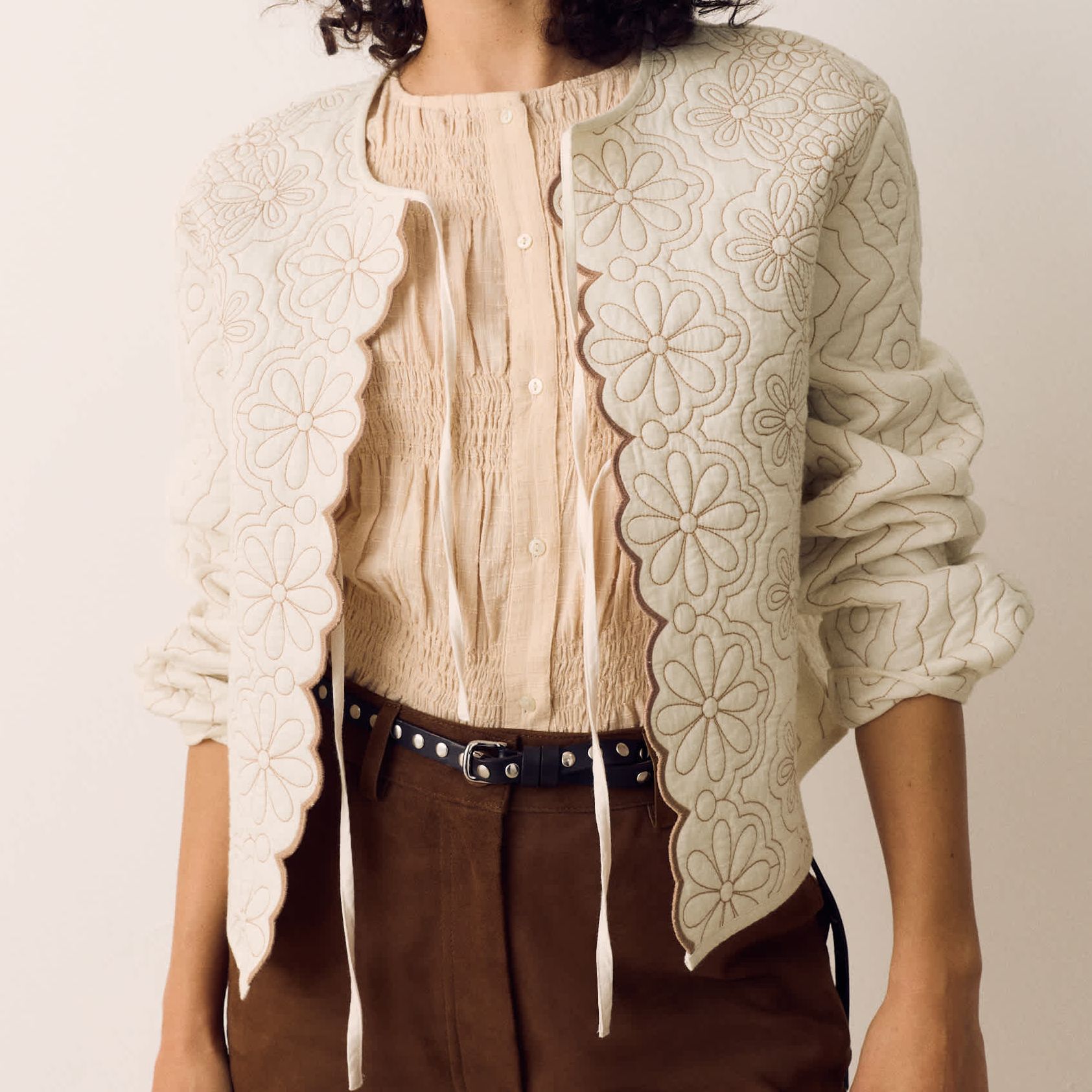 Scallop Tie Front Quilted Jacket