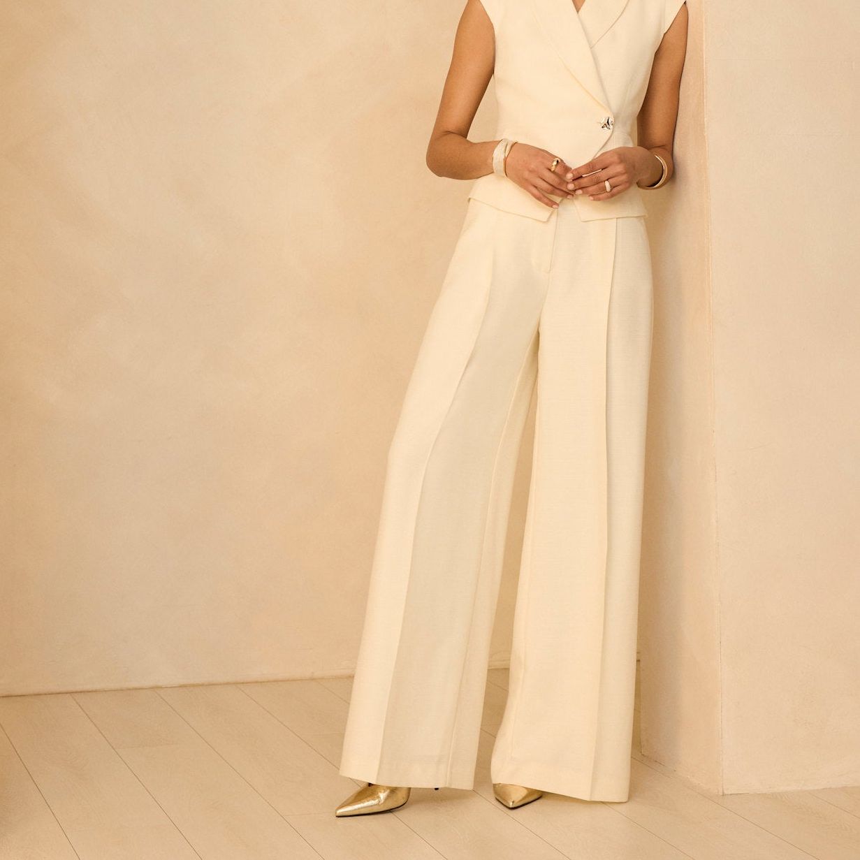 Cream Tailored Wide Leg Trousers