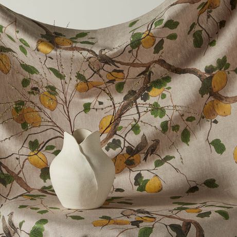 Lemon Birds Flax Linen Fabric by Nathan Turner