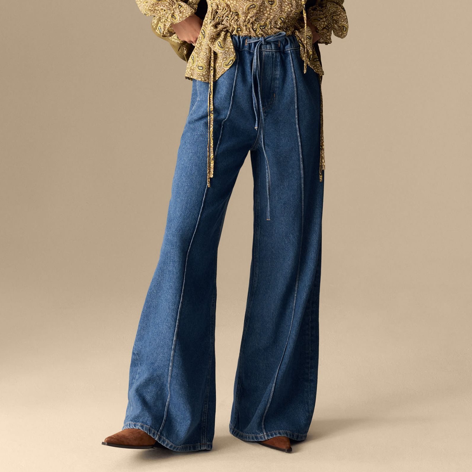 Lyocell Blend Pintuck Wide Leg Jeans