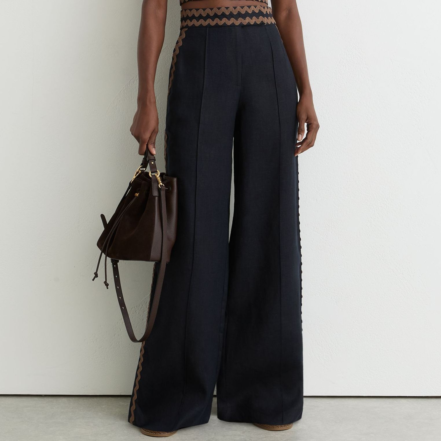 Linen Wave-Trim Wide-Leg Trousers in Navy/brown
