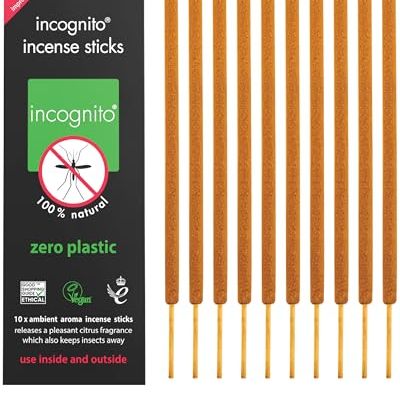 Incognito Antimosquito Citronella Incense Sticks Sticks Lasting Up to 2 Hours Insect and Mosquito Repellent Suitable for Indoors Outdoors Citronella Natural Refreshing Incense Burners, Black, 10 Count
