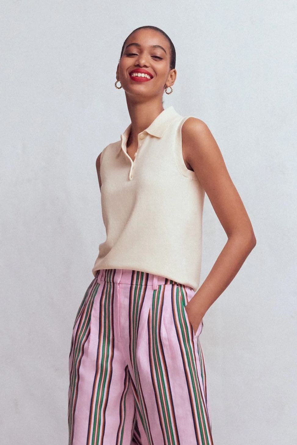 Boden, Chloe Henley Knitted Tank-Warm Ivory