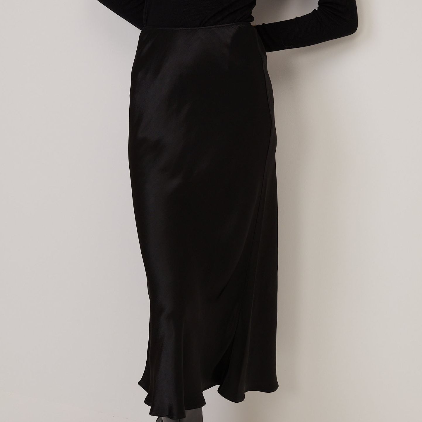 Black Satin Mila Midi Slip Skirt