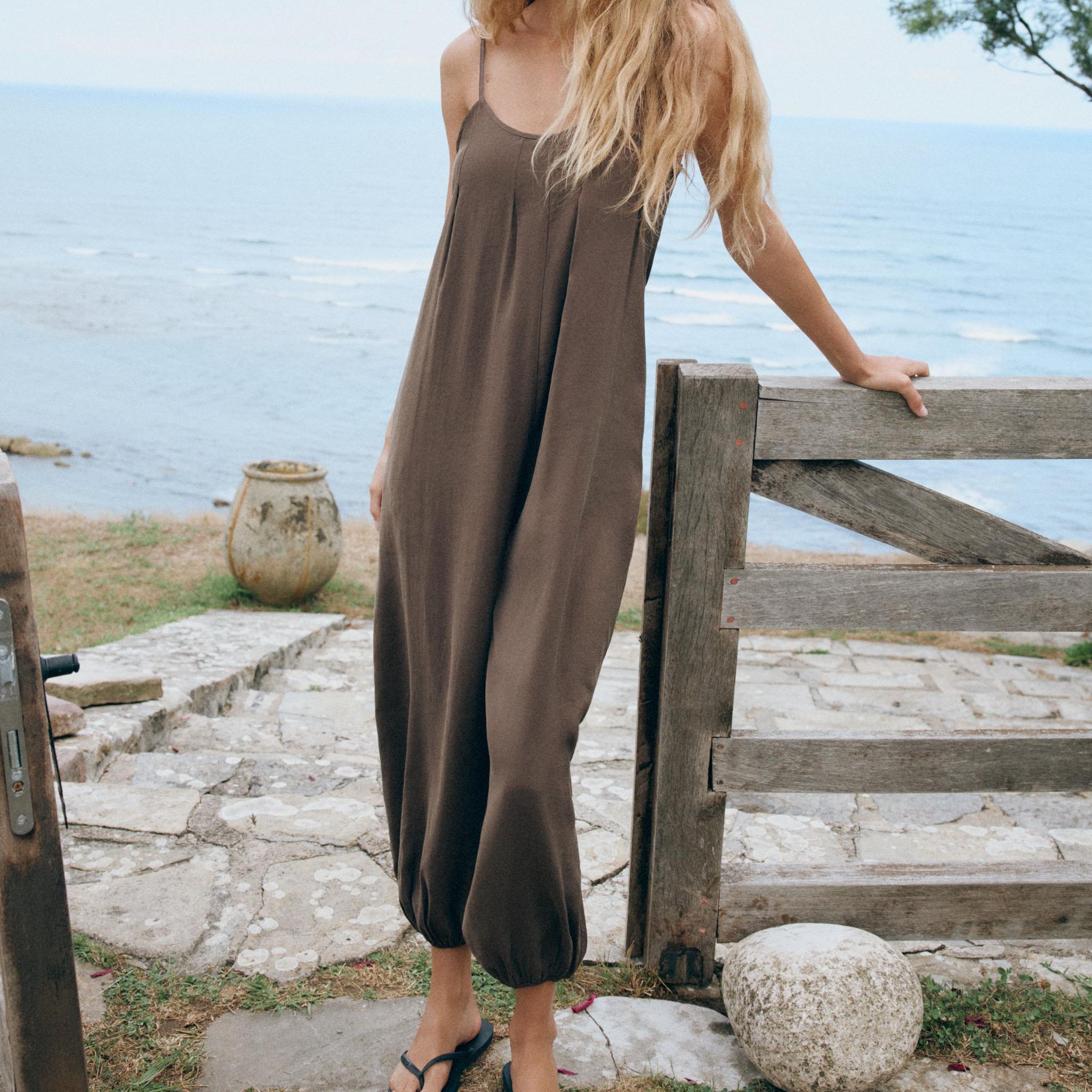 Flowing Strappy Jumpsuit - Dark Brown - Xs