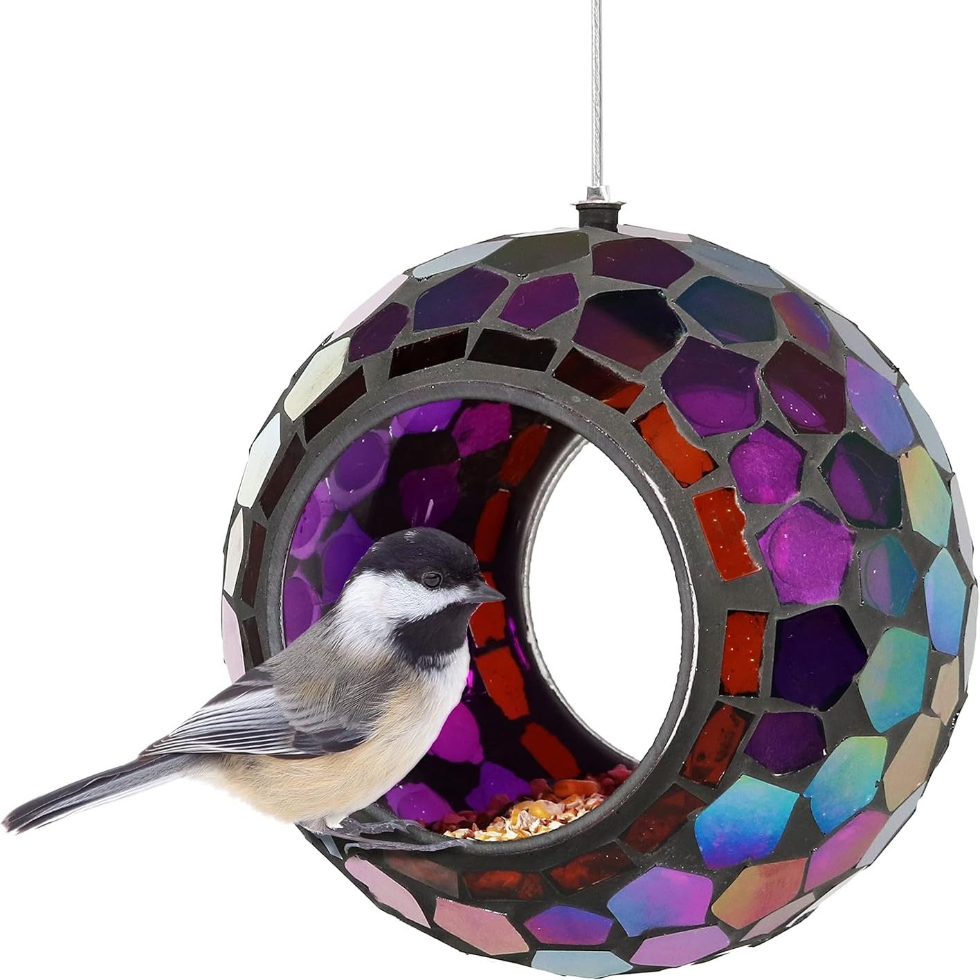 Sunnydaze 6-Inch Glass Mosaic Hanging Bird Feeder for Outdoors - Fly-Through Wild Bird Feeder - Iridescent Purple Mosaic