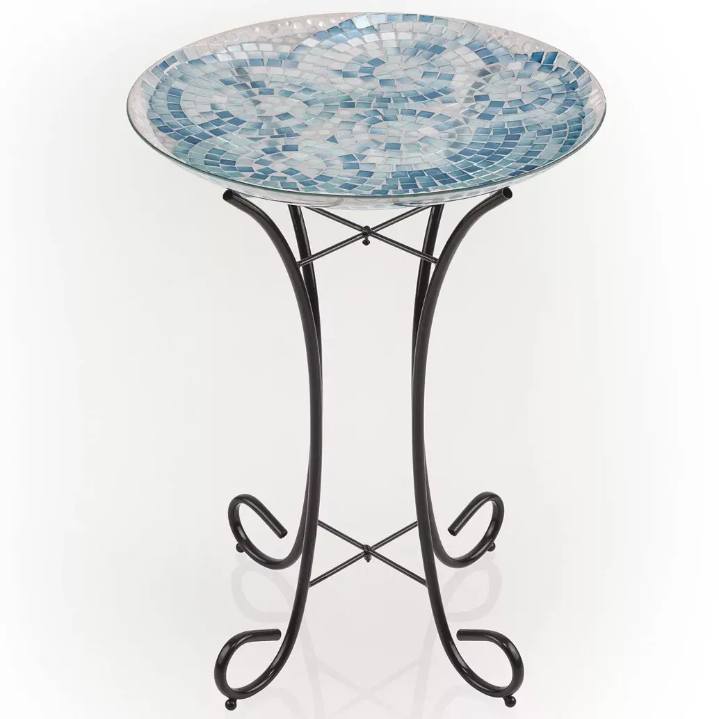 23" Outdoor Mosaic Glass Birdbath Bowl With Metal Stand Blue - Alpine Corporation: Weather-Resistant, Freestanding