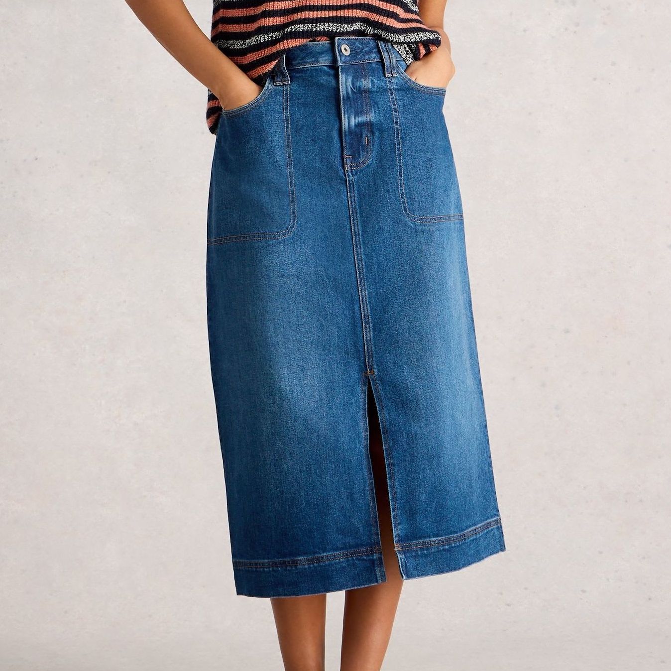 Cotton Rich Denim Front Split Midi Skirt