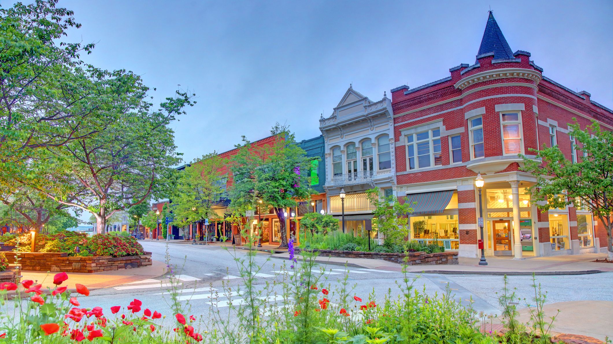 Spring flowers blooming in downtown Fayetteville, Arkansas