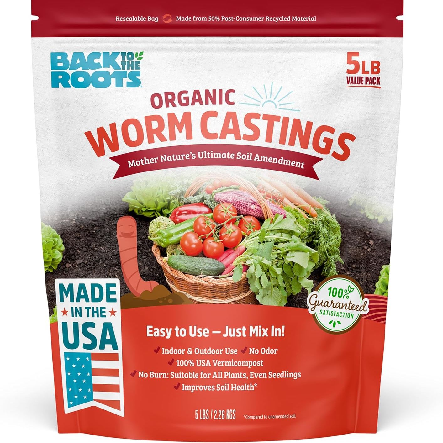Back to the Roots Organic Worm Castings for Plants, Natural Fertilizer and Soil Enhancer for Gardening, Made in the Usa, 5lb