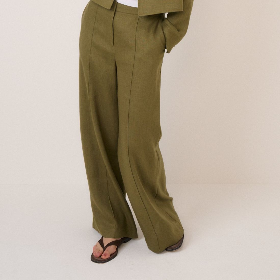 Khaki Linen-Blend Wide Leg Tailored Trousers
