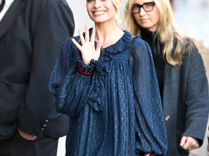 blue dress margot robbie Blue Floral Off Shoulder Maxi Dress