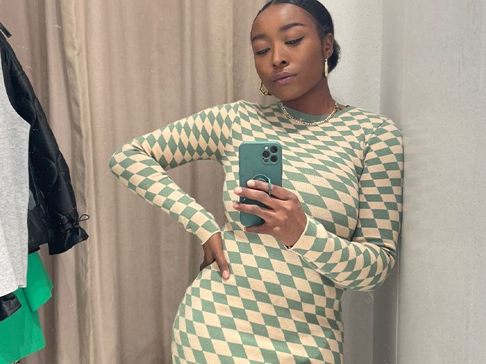 green emerald velvet dress Plaid Frilly Collar Long Sleeve Shift Mini Dress Dark Green / M main image 0