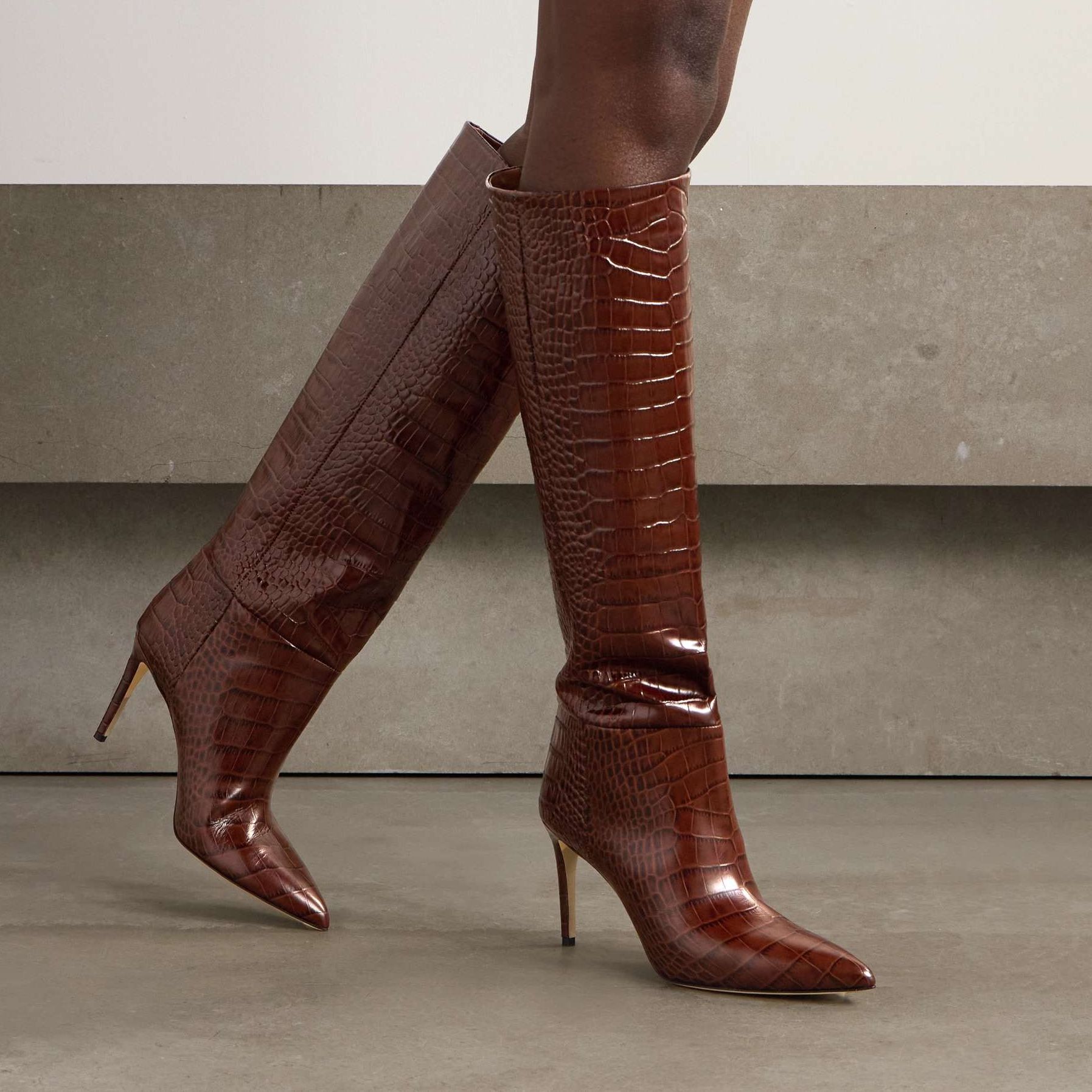 Stiletto Croc-Effect Leather Knee Boots