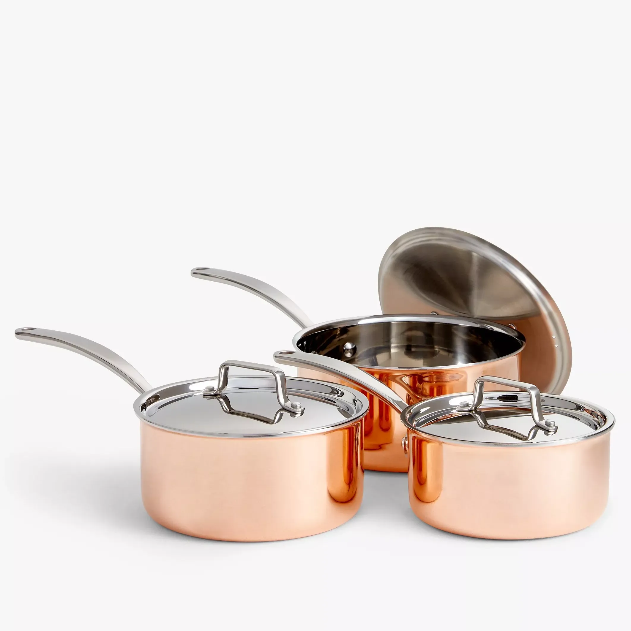 John Lewis Tri-Ply Stainless Steel Saucepan Set With Lids, 3 Piece, Copper