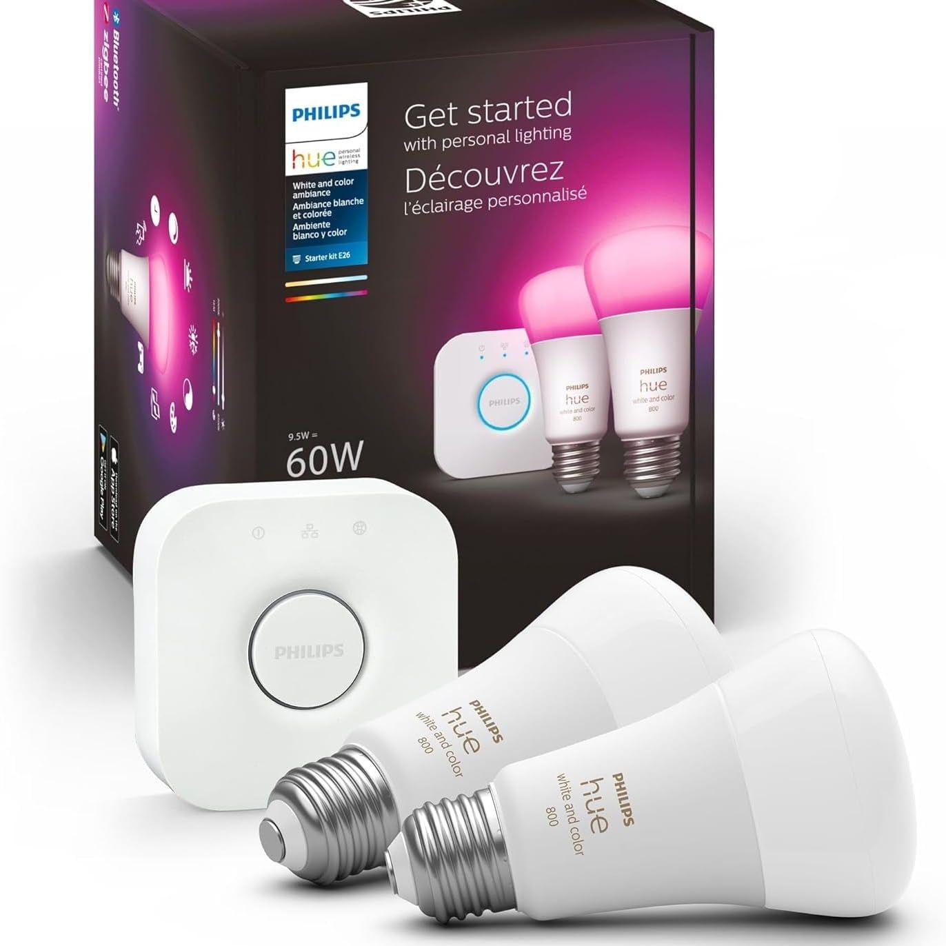 Philips Hue Smart Light Bulbs Starter Kit, Includes (1) Bridge, (2) 60w A19 Bulbs, White and Color Ambiance Led Color Changing Lights, 800lm, E26, Control With App or Voice Assistant