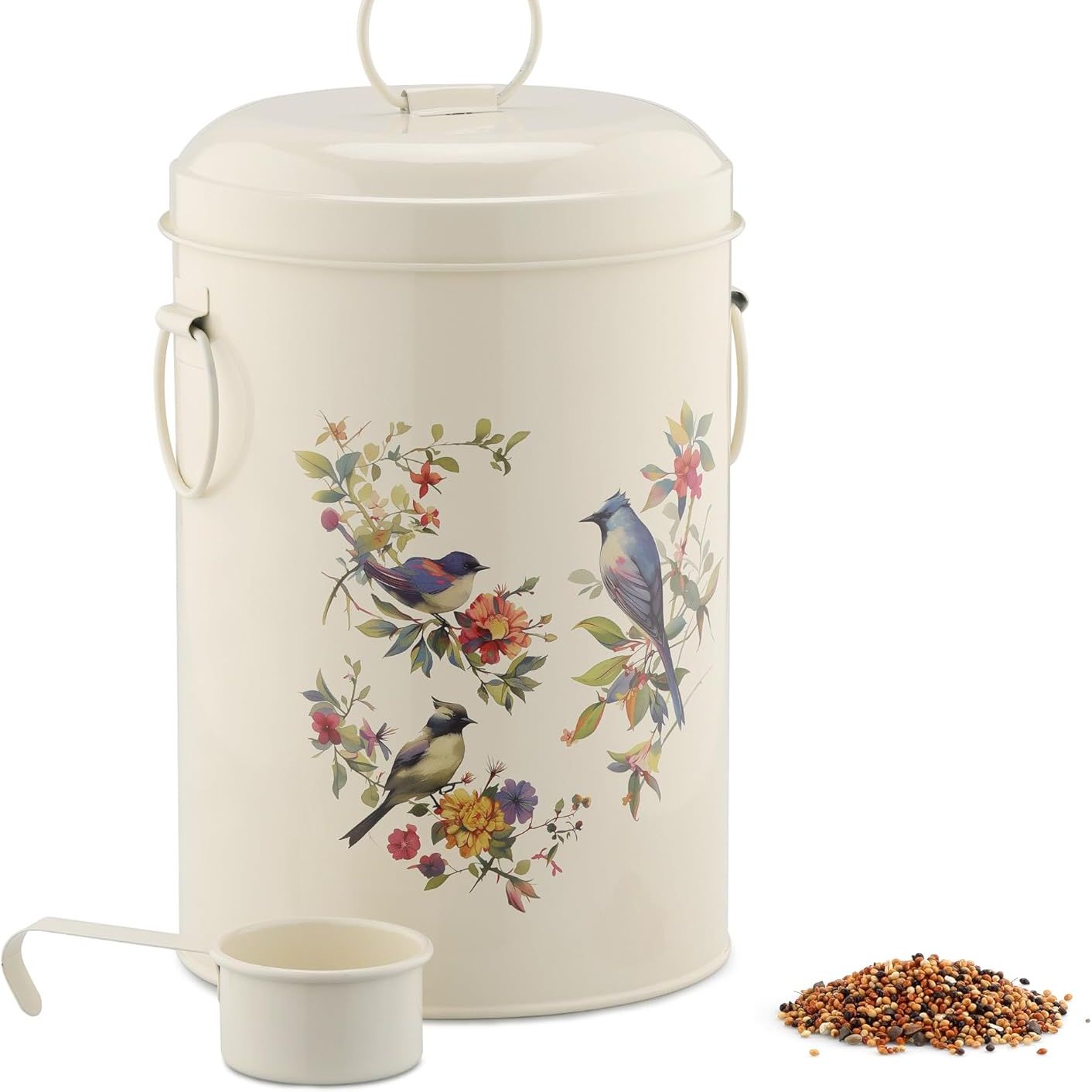 Navaris Bird Seed Storage Container - Metal Pet Food Box With Lid &amp;amp; Handles - Includes Handy Scoop - Outdoor Containers for Birdseed, Chicken Feed, &amp;amp; More - Cream With Bird Design