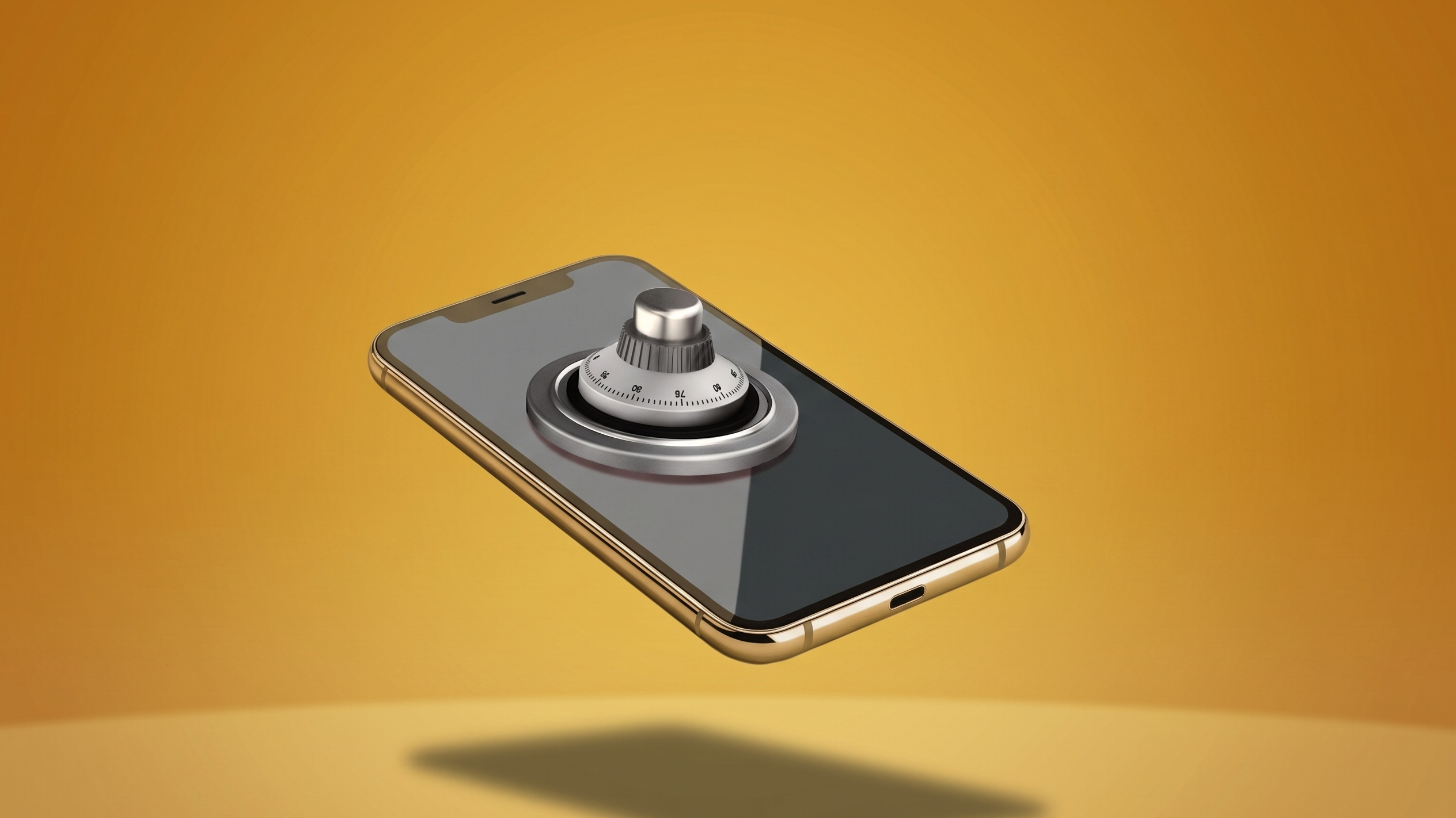 A cell phone hovers in the air with a combination lock on its screen, symoblizing cybersecurity.