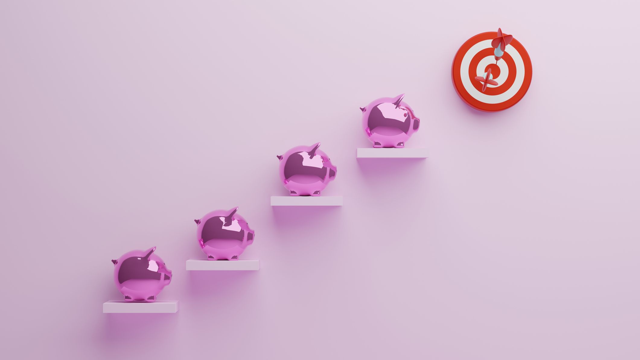 piggy banks on wall shelves approaching a bullseye
