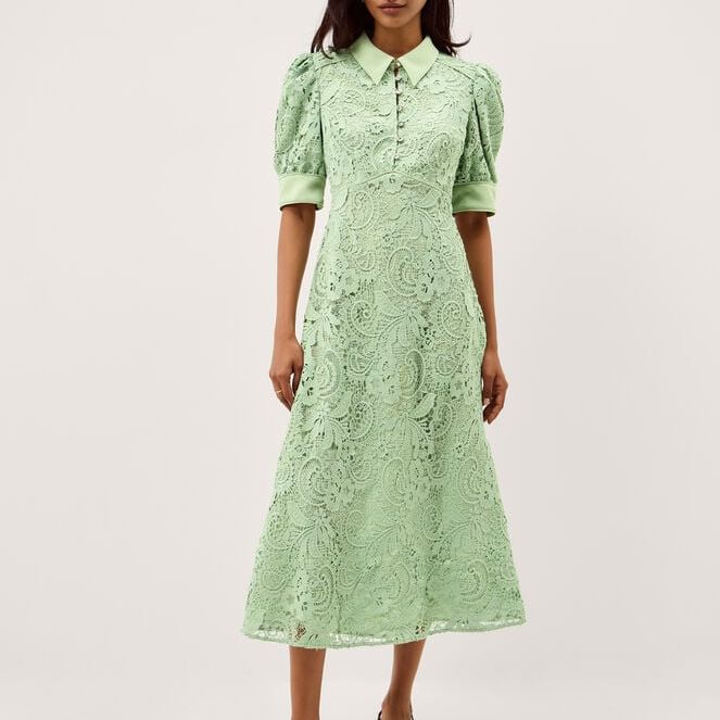 Bridget Puff Sleeve Lace Midi Dress Green