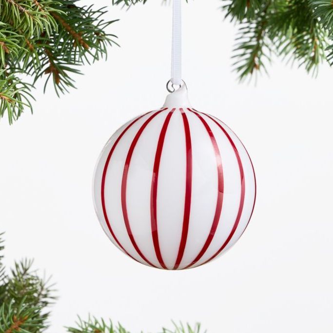 Red and White Wide Striped Glass Ball Christmas Tree Ornament
