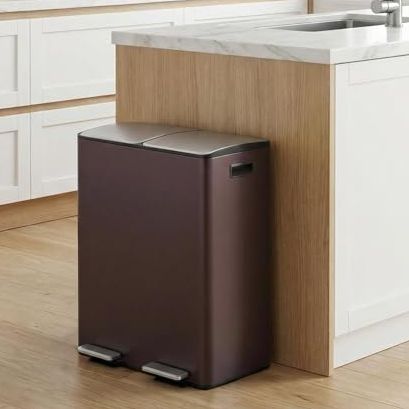 Garveehome Kitchen Trash Can With Lid, 2 X 8 Gallon Stainless Steel Garbage Can With Recycle Bin, Dual Compartment Trash Bin With Independent Pedals and Plastic Inner Buckets, Brown