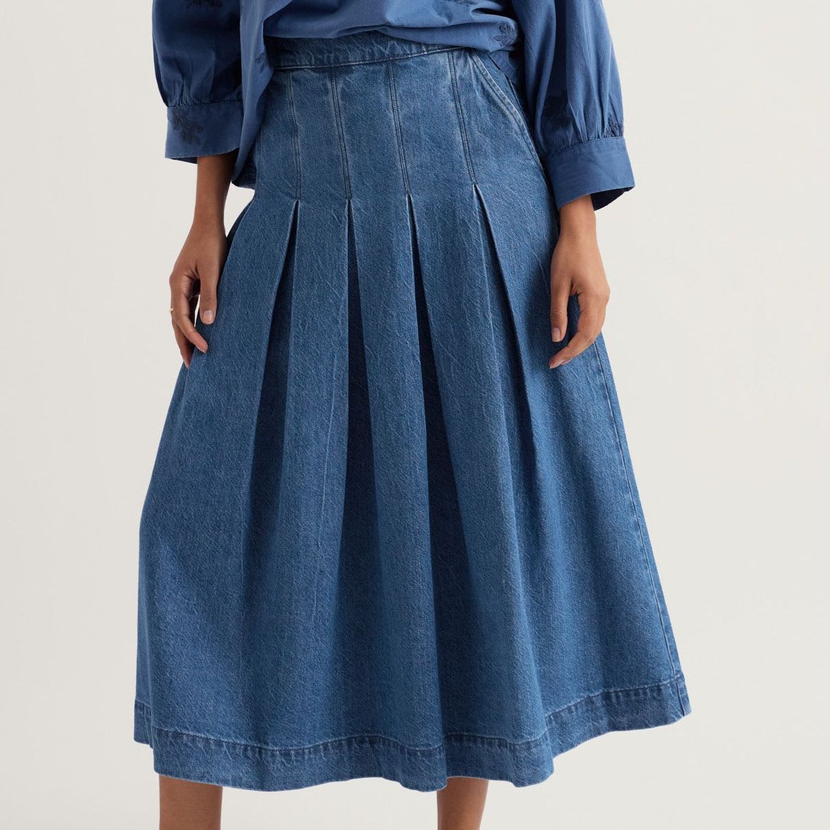 Denim A-Line Midi Skirt With Linen