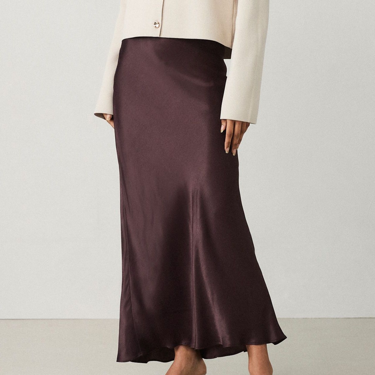 Chocolate Brown Satin Midi Skirt