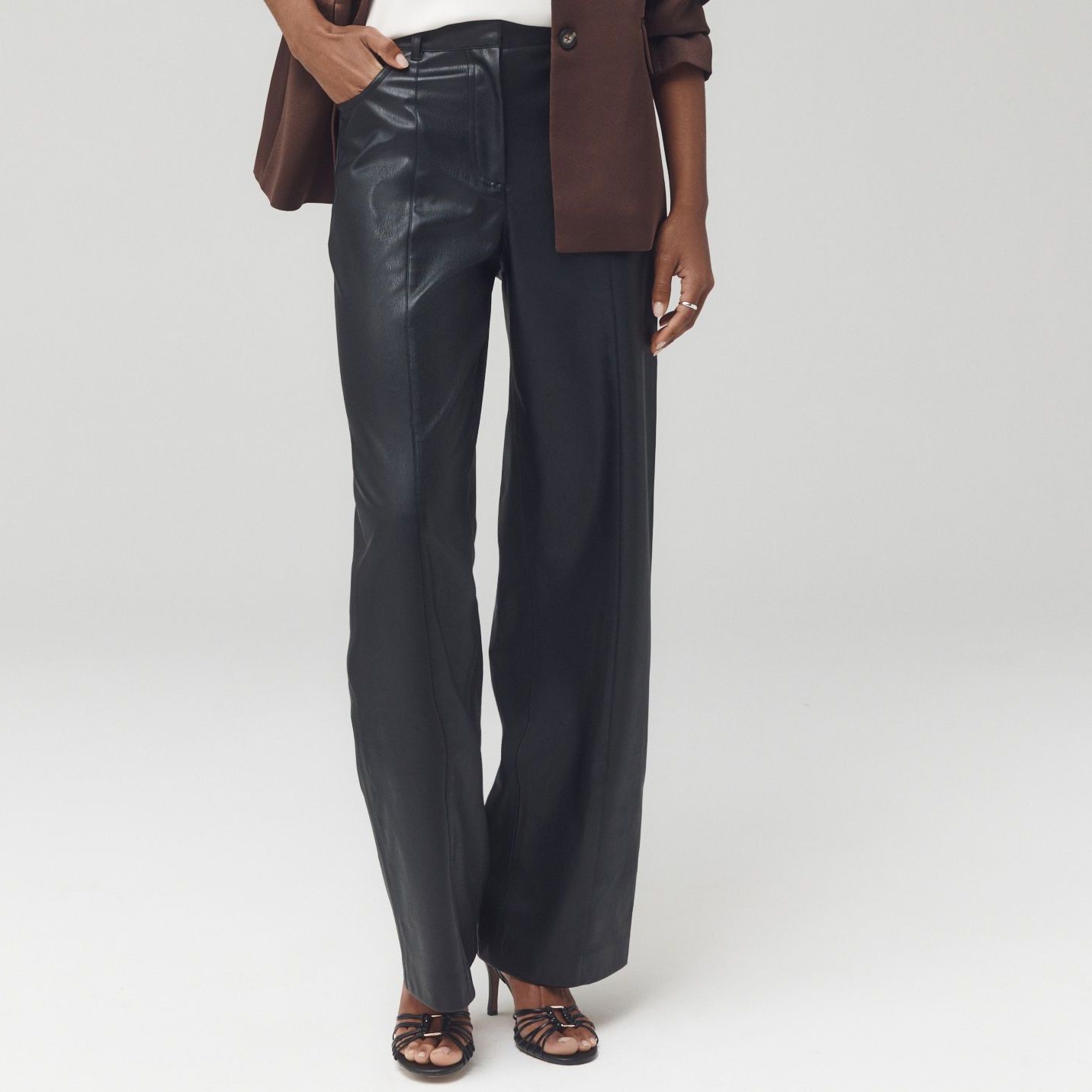 Black Faux Leather Textured Wide Leg Trousers - Size 8 S