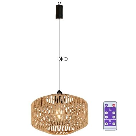 Battery Operated Pendant Light Outdoor Chandelier for Gazebo Hanging Lamp With Remote Timer Powered by 4*aa Batteries Boho Rattan Lampshade Led Lantern for Garden Farmhouse Porch Patio Backyard Decor