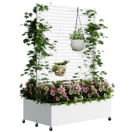 Bstjewey Double Metal Planter Box With Trellis, Raised Garden Bed With Wheels, 73"x47"x30"