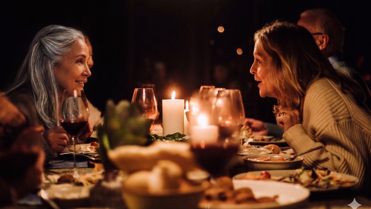 Two older women friends smile and lean towards each other as they talk at a dinner party.