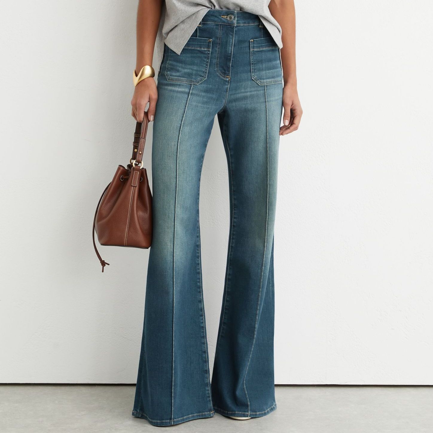 Patch-Pocket Flared Jeans in Mid Blue - Size 24 R