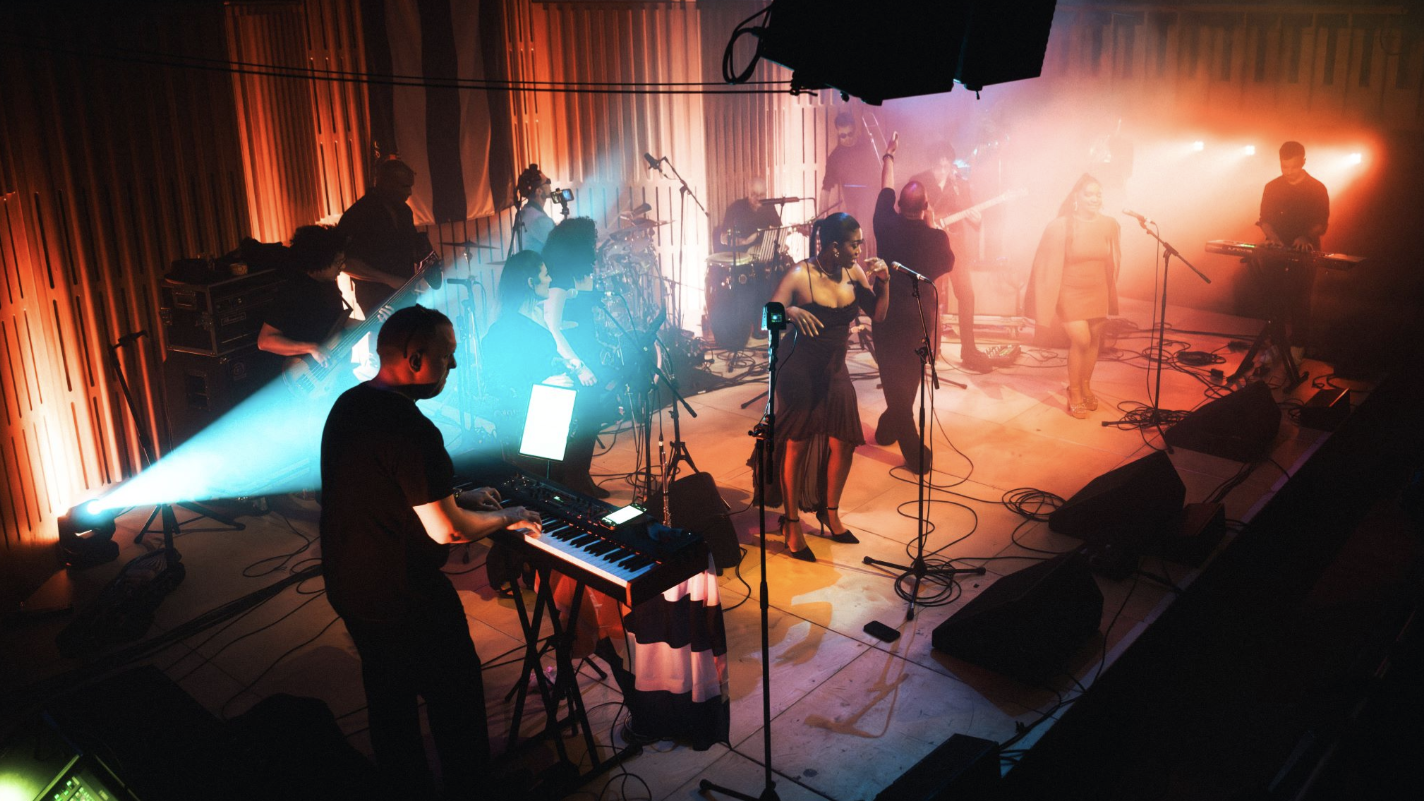 an image of an artist and her band performing on stage at a gig