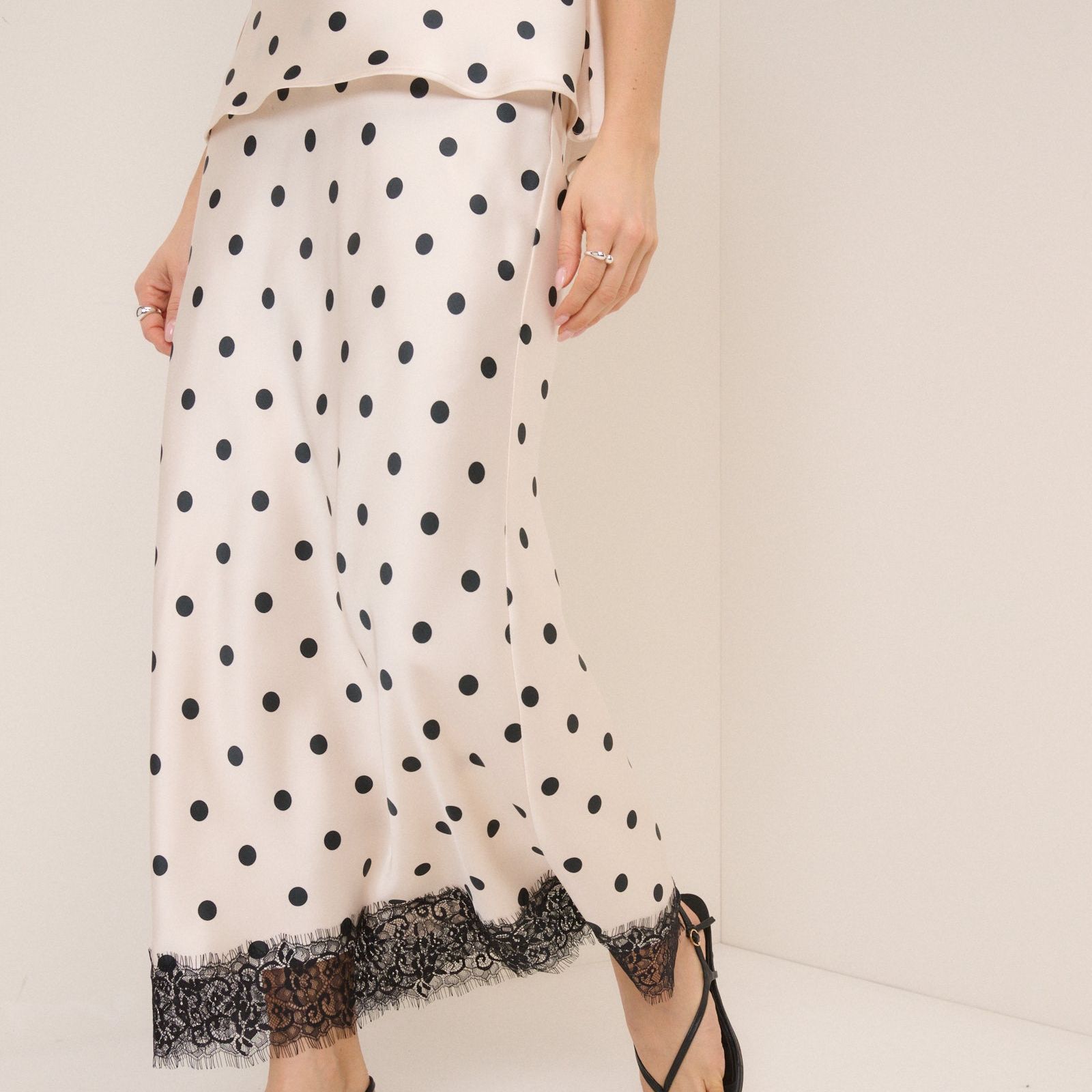 White Polka Dot Satin Mila Midi Skirt