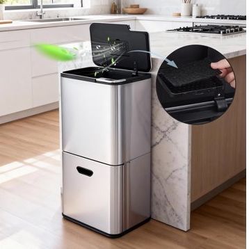 16 Gal Dual Trash Can for Kitchen, 2 Compartment (33l + 28l) Garbage Can With Compost Bin, Stainless Steel Trash and Recycle Bin Combo With Removable Inner Bucket, Odor Control - Silverer