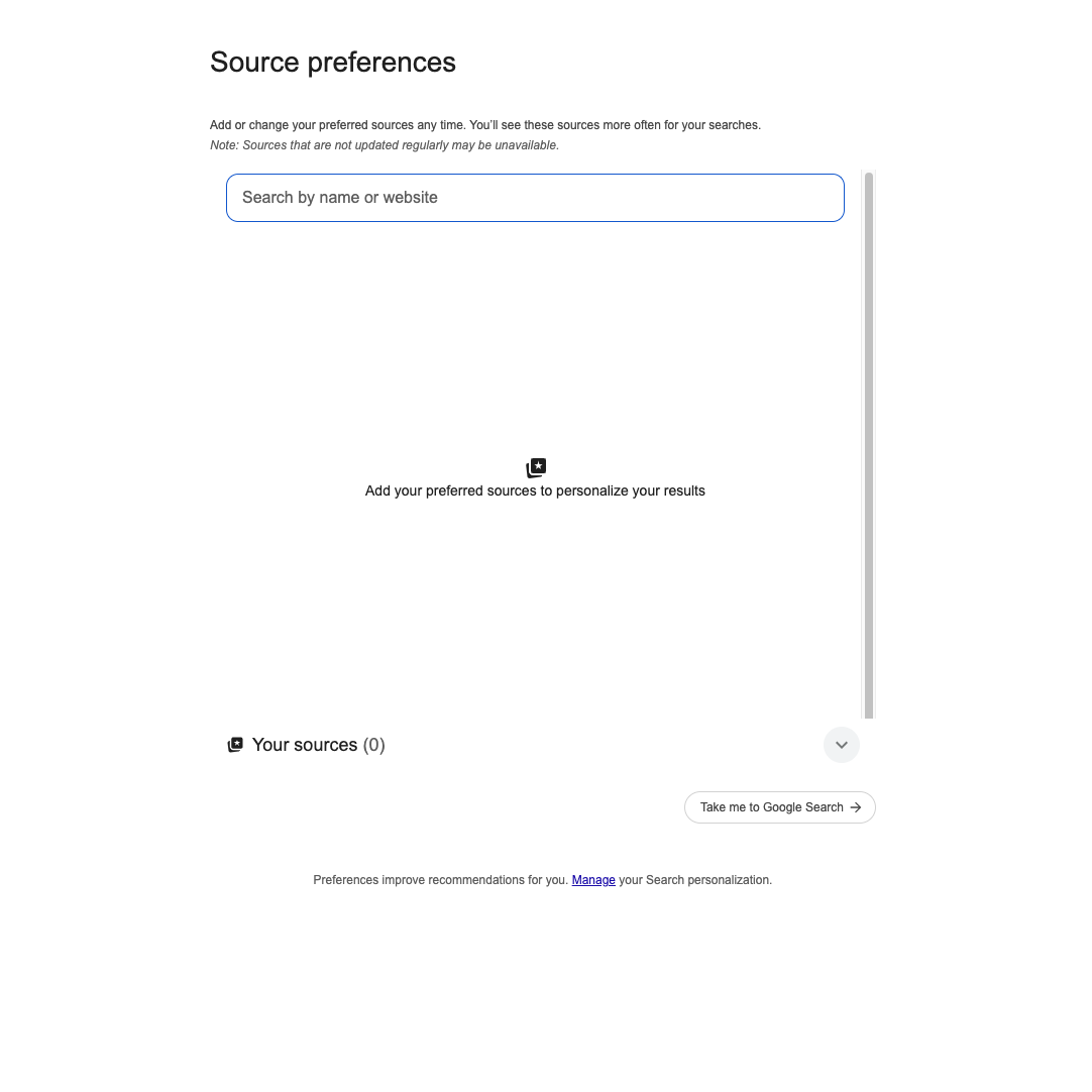 A screenshot of Google&amp;rsquo;s Source preference webpage