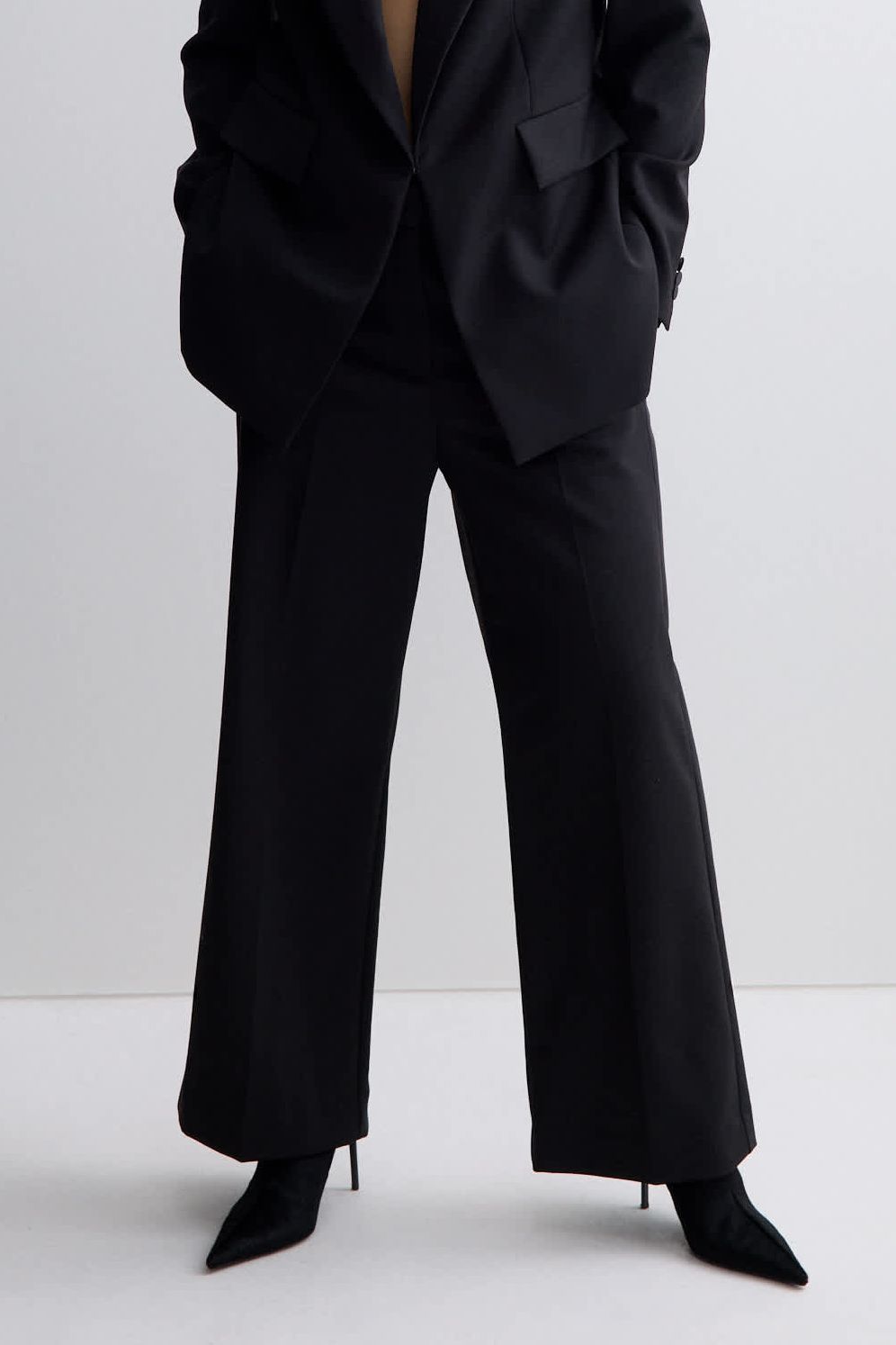 Wool Blend Satin Trim Wide Leg Trousers