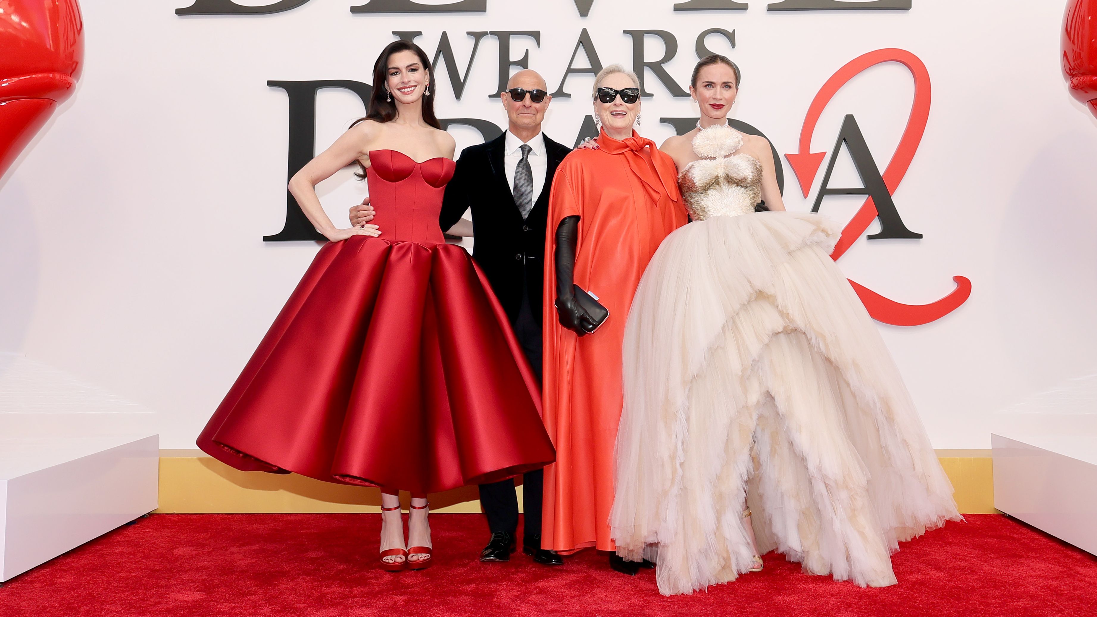 (L-R) Anne Hathaway, Stanley Tucci, Meryl Streep and Emily Blunt attend the world premiere of The Devil Wears Prada 2 at Lincoln Center in New York, New York on April 20, 2026