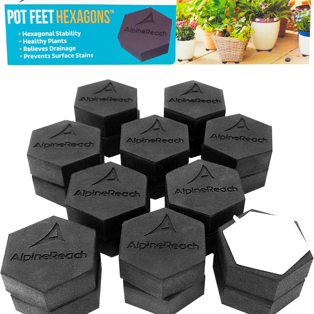 Alpinereach Extra Heavy Duty Pot Feet Risers 20 Pack Hexagons &amp;amp; Adhesive Pads - Protect Healthy Plants - Strong Invisible Supports Small Large Flower Planters Stability - Outdoor Lifter Toes Elevator
