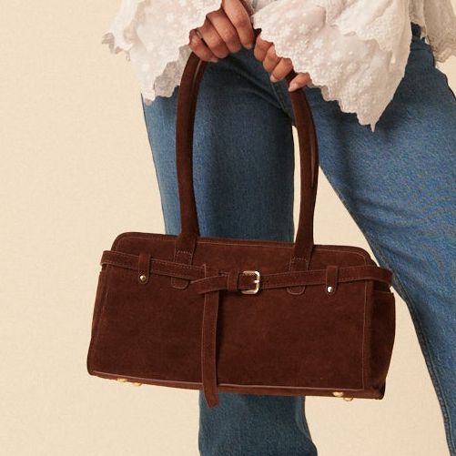 Brown Suede Baguette Shoulder Bag