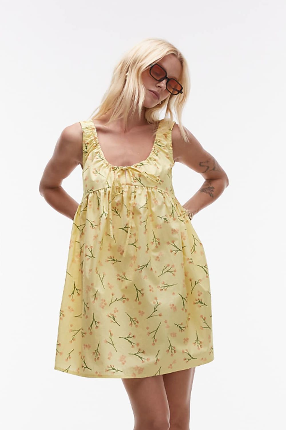 Topshop Poplin Sundress With Gathered Dress in Yellow Ditsy Print