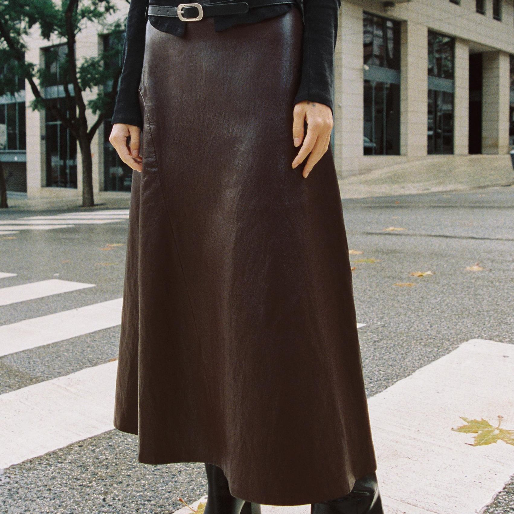Faux Leather Midi Skirt With Belt