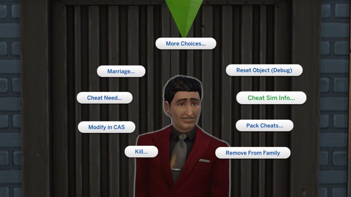 The Sims 4 - Mortimer Goth stands on his porch with a wheel of cheat options surrounding his head