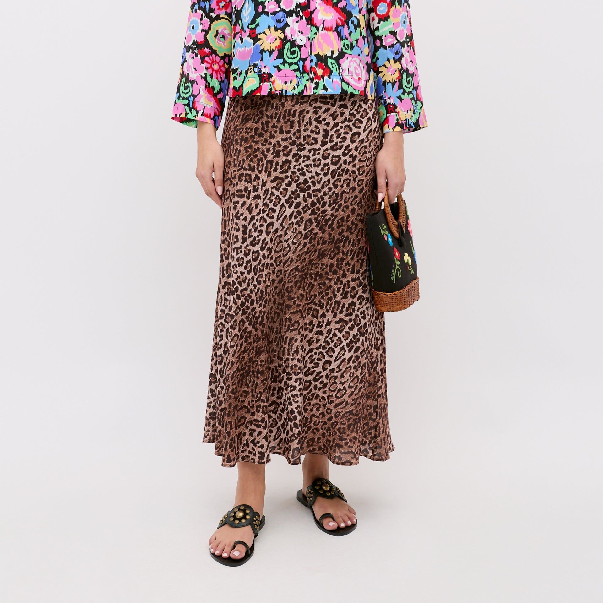 Kelly Silk Midi Skirt in Leopard Brown